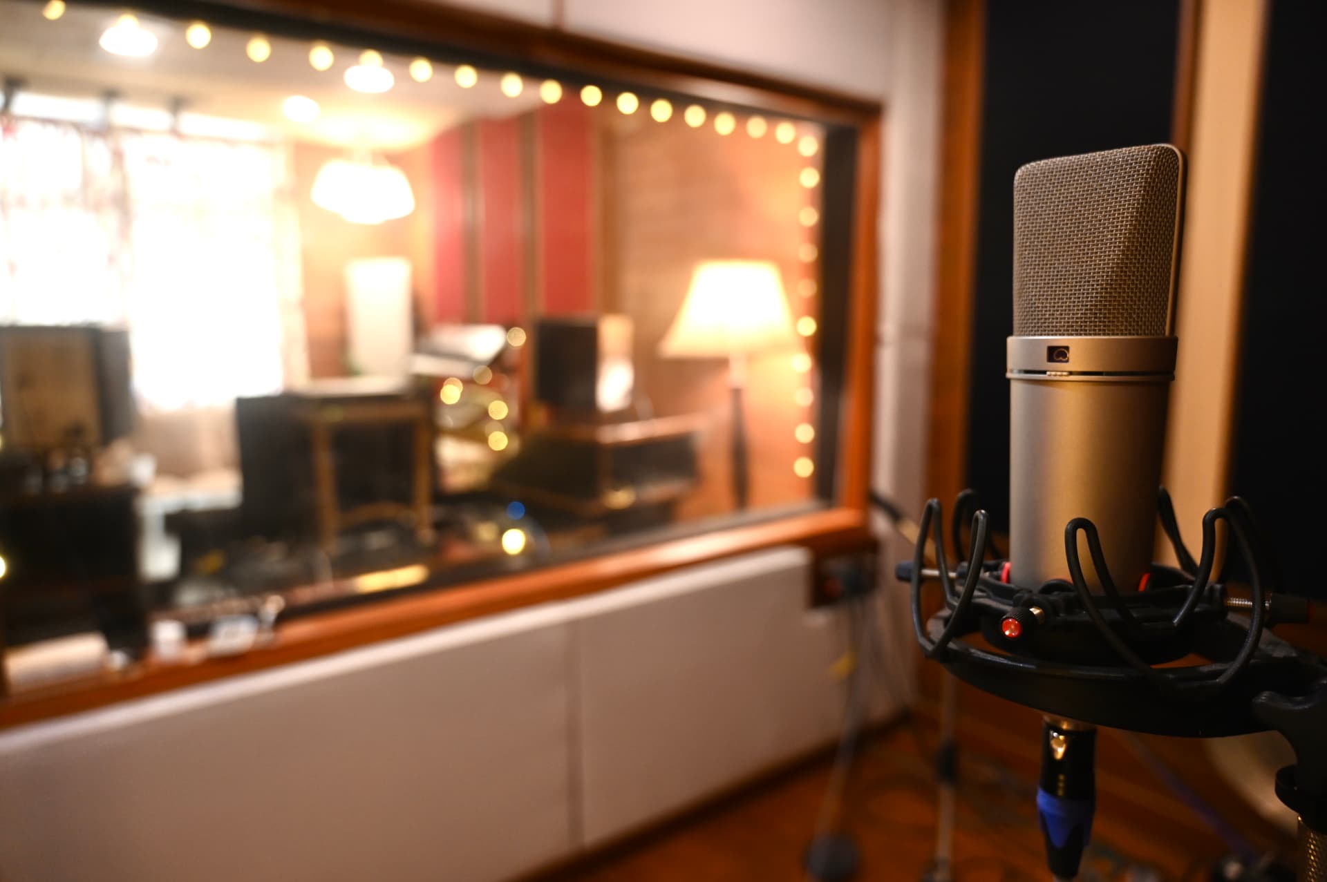 Studio microphone overlooking the recording room